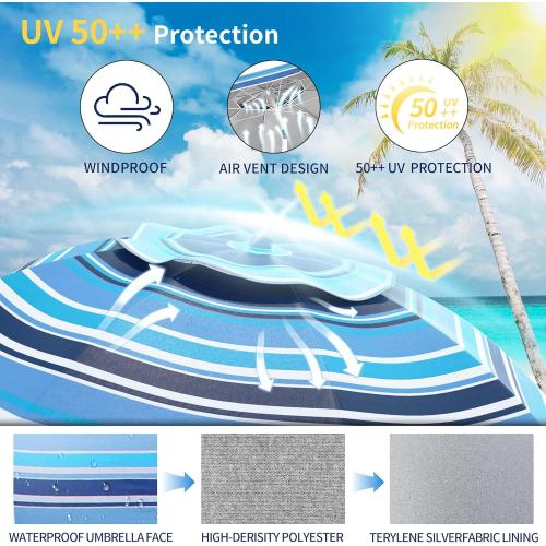 7ft Heavy Duty High Wind Beach Umbrella Parasols with sand anchor & Tilt Sun Shelter, UV 50  Protection Outdoor Sunshade Umbrellas Carry Bag for Patio Garden Pool Backyard Stripe Blue insert completely into the sand
