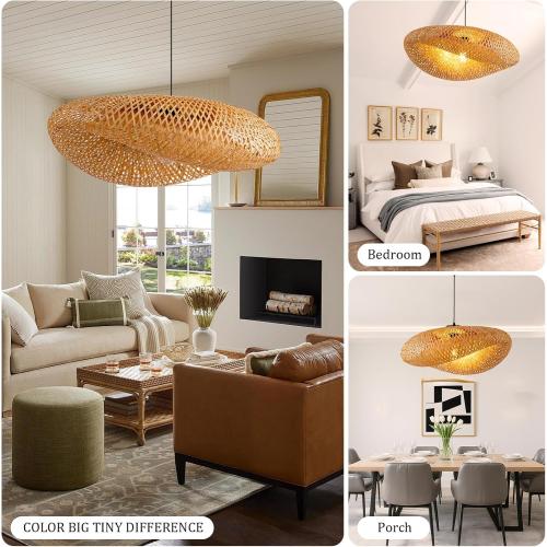 Hand Woven Bamboo Pendant Light,23.62 in Bamboo Rattan Ceiling Hanging Light Hand Woven Wicker Chandelier for Living Room Kitchen Dining Room Farmhouse