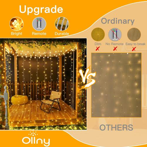 Ollny Curtain Lights 6.6x6.6ft, 200 LED String Lights with Remote 8 Modes Dimmable Timer, USB Power Fairy Light for Bedroom Backdrop Indoor Wall Window Christmas Decorations, Warm White