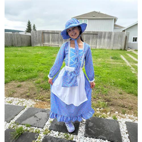 Meland Pioneer Dress for Girls - Colonial Floral Costume with Bonnet, Apron & Purse, Pionner Outfit for Girls 3-10 Years