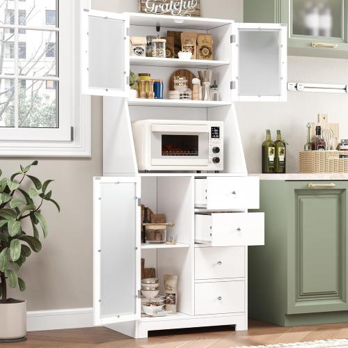 Color White  Size 64.2H Kitchen Pantry with Microwave Shelf, Cabinets and 4 Drawers, White