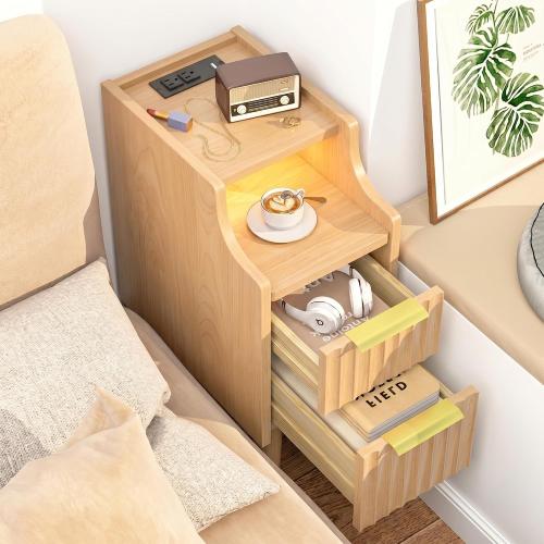 Fluted Narrow Nightstand with Charging Station, Solid Wood Night Stand with 2 Drawers, Natural Mid Century Modern Led Nightstand, Small Beside Table with Open Storage Shelf for Bedroom （10 inch）