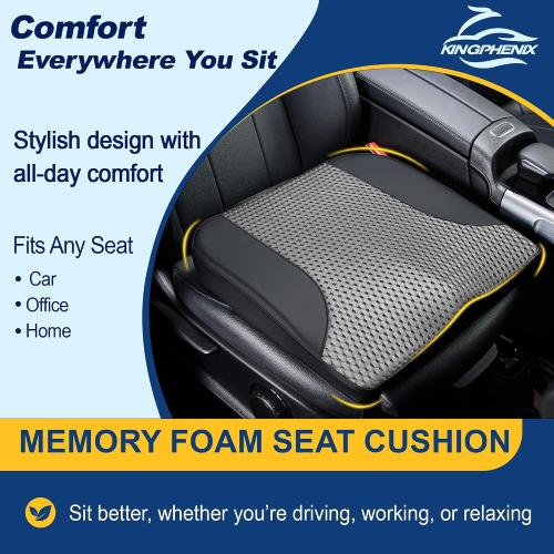 kingphenix Memory Foam Car Seat Cushion for Driving Comfort and Office Use | Coccyx&Lower Back Pressure Relief, Non-Slip 4D Mesh Seat Cushion for Car, Truck, SUV, Long Drives & Office Chair, Black Gray