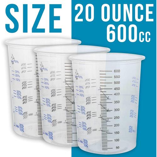 TCP Global 20 Ounce (600ml) Disposable Flexible Clear Graduated Plastic Mixing Cups - Box of 50 Cups - Use for Paint, Resin, Epoxy, Art, Kitchen, Cooking, Baking - Measuring Ratios 2-1, 3-1, 4-1, ML