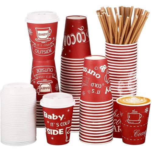 48 Pcs 9 oz Hot Cocoa Bar Disposable Coffee Cups Christmas It's Cold Outside Tea Paper Cup with Lid and Straw for Christmas Baby Shower Party Supplies(Red)