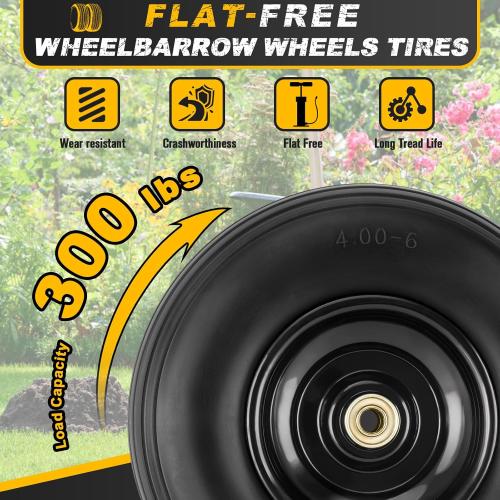 4.00-6 Flat-free Tire and Wheel, 13 Wheelbarrow Wheels and Tires with 5/8 or 3/4 Bearings 4.00-6 Solid Tires Replacement for Wheelbarrow, Gorilla Cart, Hand Trucks, Garden Carts(2 PCS)