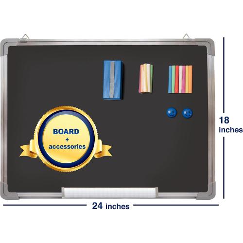 Chalkboard Set 24x18 in, Framed Magnetic Slate Chalk Board with Chalk | Small Wall Hanging Blackboard, Black Slate Writing Board with Chalks, Eraser and Magnets for Home, Kitchen & Office