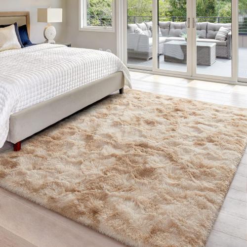 Hutha 4x6 Large Area Rugs for Living Room, Super Soft Fluffy Modern Bedroom Rug, Tie-Dyed Beige Indoor Shag Fuzzy Carpets for Girls Kids Nursery Room Home Decor