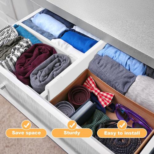 5 Pack Drawer Dividers, 4 Inch High Adjustable Dresser Drawer Organizers, Expandable from 14.8-22 inch Separators for Clothes, Kitchen, Office, Bathroom Organization, White