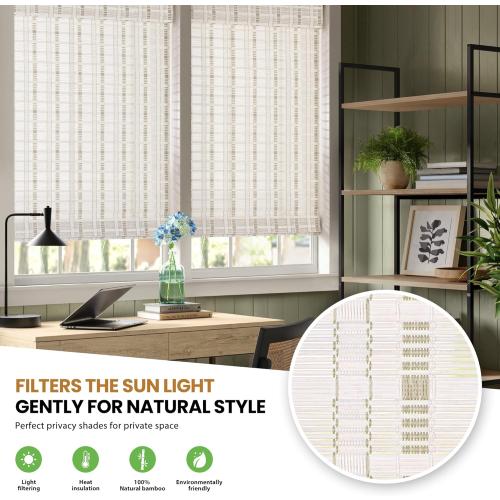 LazBlinds No Tools No Drill Cordless Bamboo Roman Shades, Light Filtering Window Treatment, Roll Up Bamboo Blinds for Window 39'' W x 64'' H, Whitewash B