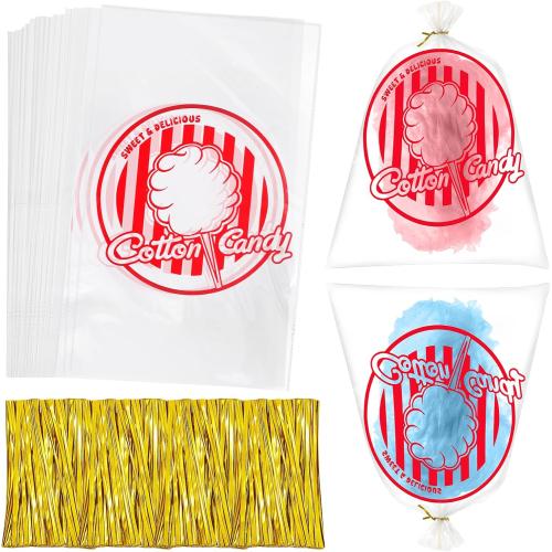woric  Cotton Candy Bags with Ties 11.8 x 17.7 Inch Clear Cotton Candy Bags with Print for Carnivals Party Candy Sticks and Cones