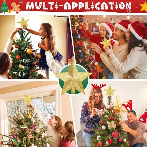 Glitter Christmas Star Tree Topper for Holiday Decorations, Christmas Tree Decoration for Holiday Ornament and Home Decor, Shatterproof Tree Toppers for Party Indoor ＆ Outdoor-Gold 4 inch