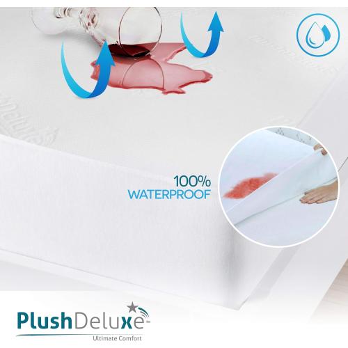 PlushDeluxe Premium Bamboo Mattress Protector – Queen Size, Waterproof, & Ultra Soft Breathable Noiseless Washable Bed Mattress Cover for Comfort & Protection - White