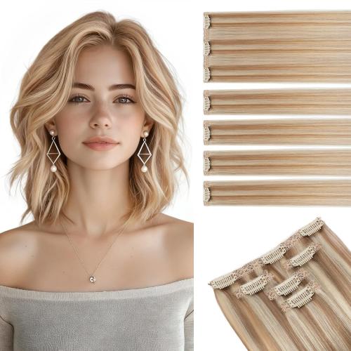 Short Clip in Hair Extensions Real Remy Human Hair,S-noilite Short Hair Extensions Clip ins,Mini Clip in Extensions for Add Volume and Highlights,5 Pieces 36g 10 inch Golden Brown Mixed Bleach Blonde