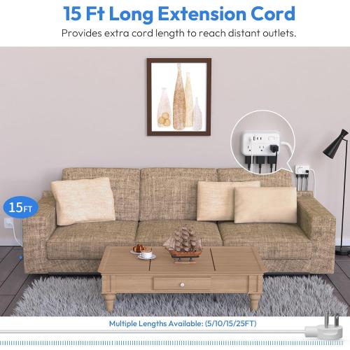 Extension Cord 15 ft, Surge Protector Power Strip with 6 Outlets 4 USB Charger(2 USB C Port), Flat Plug Outlet Extender Long Cord, Protection for Indoor, Home, Office Supplies, Dorm Room Essentials