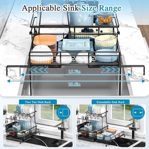 2 Tier Dish Drying Rack, Large Extendable Dish Racks for Kitchen Counter or Over Sink, Dishrack with Drainboard, 2-in-1 Anti-Rust Stainless Steel Dish Drainer with Utensil Holder & Cup Holder (Black)