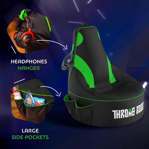 Throne Boss Gaming Bean Bag Chair for Kids with High Back – Floor Gaming Chair, Easy to Clean Oxford 420D Fabric, Large Side Pockets, Headphone Hanger – Cover ONLY Add 200 Liters Beans (Green)