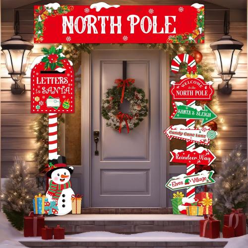 3 Pcs Christmas North Pole Door Decorations North Pole Directional Sign Porch Banners Christmas Mailbox Letter to Santa Porch Signs Hanging Backdrop for Winter Xmas Holiday Home Wall Party Decor