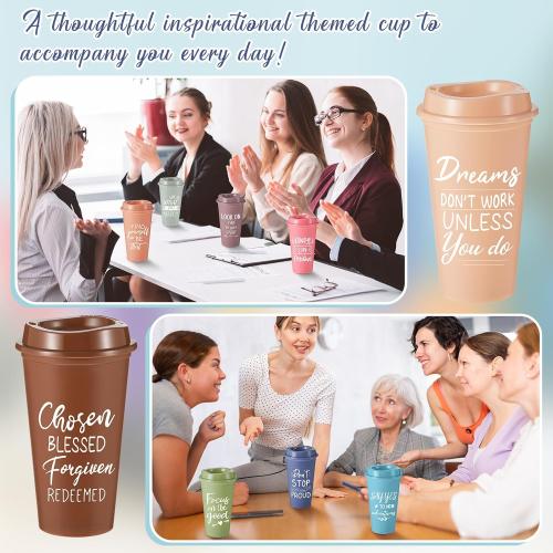 12 Pcs Inspirational Gifts for Employee Coworkers Staff Teammate, 16oz Reusable Plastic Coffee Cups with Positive Sayings, Bundle Gifts for Woman Man Coworker (Morandi Color,Inspirational)
