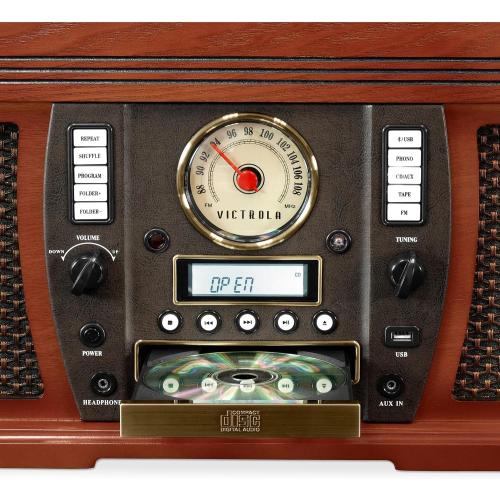 Victrola Aviator 8-in-1 Bluetooth Record Player & Multimedia Center with Built-in Stereo Speakers - 3-Speed Turntable, Vinyl to MP3 Recording, Wireless Music Streaming, Mahogany