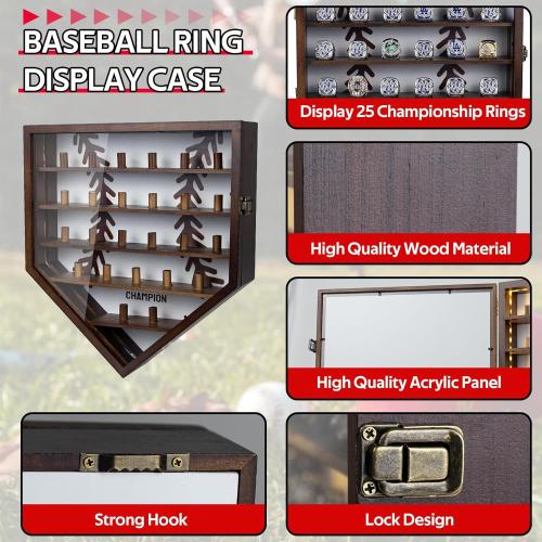 Championship Ring Display Case Display 25pcs Rings,Baseball Ring Display Case with LED Light,Wall Mount Wooden Shadow Box for Multiple Ring