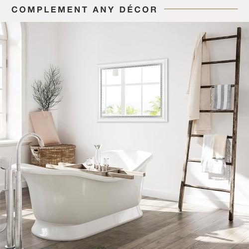 MCS 22x28 Large Wall Mirror, White Woodgrained Frame with Silver Embossed Detail & Beveled Detail Mirror, Vertical & Horizontal Wall Hanging Mirror for Bathroom, Bedroom & Livingroom