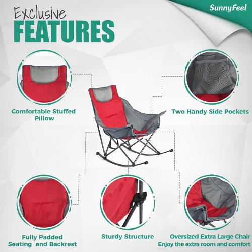 SUNNYFEEL Oversized Folding Rocking Camping Chair for Adults, 500lbs Red | Heavy Duty Outdoor Rocker Camping Chairs, High Back Padded Lawn Recliner with Side Pocket & Carry Bag