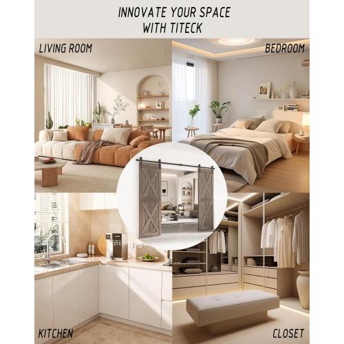 Double Barn Door Hardware Kit - 8 FT Steel Heavy Duty Rail Exterior Sliding Barn Doors Slide Track Roller Set with Floor Guide Fits 24 inch Wide Panel for Garages/Closets/Bedroom/Kitchen (Black)