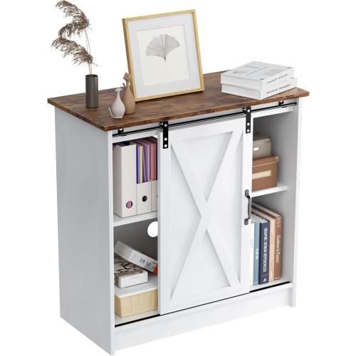 Farmhouse Coffee Bar Cabinet with Sliding Barn Door | Coffee Bar Table, Kitchern Coffee Bar with Adjustable Shelves for Dining Room, Living Room