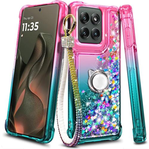 Missing - strap    Compatible with Motorola Edge-2025 Case Pink/Aqua | Bling Sparkly Glitter Floating Liquid Waterfall Cute Phone Cover for Women Girls Kids with Ring Holder Grip Missing - Diamond Wrist Strap Lanyard
