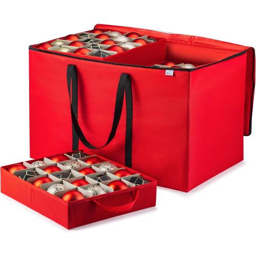 ZOBER Christmas Ornament Storage Box - Stores 200 3 Ornaments with Individual Trays - Tear Proof 600D Oxford Fabric - ornament organizer storage box (Red, 200-3 Ornaments)