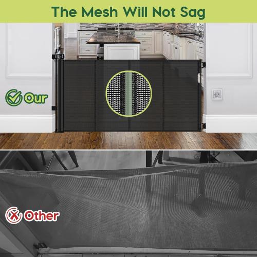 Reinforced 55 Wide Retractable Baby Gates with Reinforced Strips Retractable Dog Gate for the House Prevents Bottom Drilling Through Kid/Pet Mesh Baby Gate for Stairs Puppy Gates for the House, Black