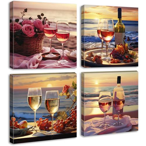 Kitchen Decor Dining Room Wall Art Wine Glass Still Life Fruit Goblet Canvas Prints Artwork Beach Sunset Landscape Romantic Poster Bar Restaurant Home Decoration Framed Ready to Hang 12X12X4 Panels
