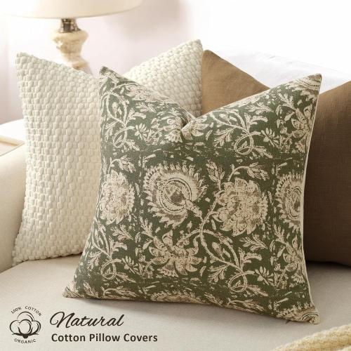 Vintage Floral Print Throw Pillow Covers 18x18 Set of 2 Neutral Modern Farmhouse Pillowcases Accent Decorative Cushion Covers Boho Home Decor for Couch Sofa Chair Bed Living Room, Olive Green