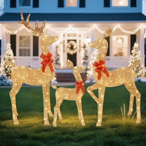 HOYECHI 5 FT Oversized Christmas Decorations Outdoor Lighted Reindeer – 3-Piece 2D Deer Family Set with 160 Warm White LED Lights for Yard, Lawn, Garden & Porch Holiday Display - Gold