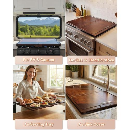 Foldable Noodle Board Stove Cover: 29.5 x 22 in Bamboo Stove Top Covers with Handle for Electric ＆ Gas Stoves,Serving Tray - Beautify Kitchen & Expand Prep Space