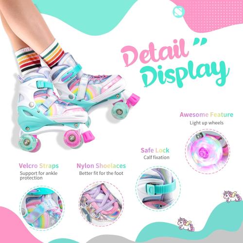 SULIFEEL Rainbow Unicorn 4 Size Adjustable Roller Skates for Girls Boys for Kids Ages 3-5 5-8 6-12 Children Skates Indoor Outdoor