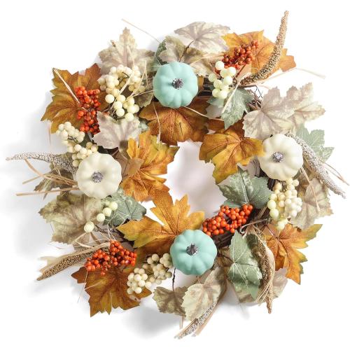 Fall Wreaths for Front Door in 20 inch, Artificial Autumn Leaves with White and Blue Pumpkins, Orange Berries, Farmhouse Fall Decorations, Front Door, Wall, Wedding, Thanksgiving, Autumn