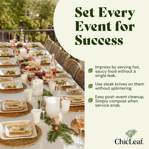 Chic Leaf Palm Leaf Compostable Plates - 6 Square, Pack of 50 - Disposable Dinnerware - Rustic Bamboo Appetizer Plates - Charcuterie Boards & Biodegradable Serviceware