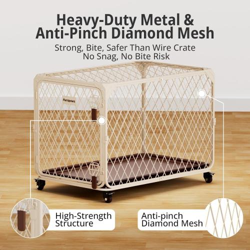 Diamond Mesh Dog Crate for Small Dogs, 30 Inch Metal Dog Kennel with Lockable Wheels, up to 70lbs, Double Secure Latch Dog Cage with Removable Tray, Durable & Easy to Assemble, Beige