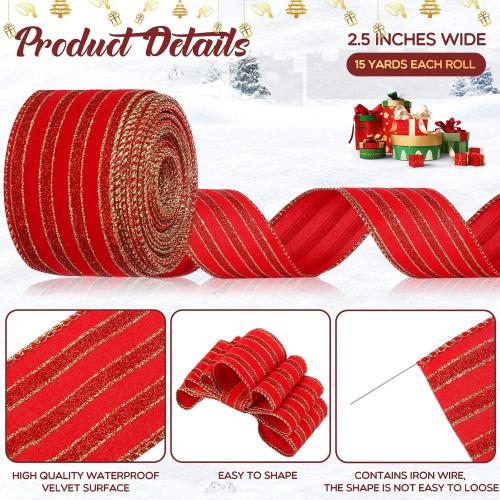 Syhood Christmas Wired Velvet Ribbon with Gold Edge, Waterproof Wrapping Velvet Decoration Ribbon for Xmas Wreath Bows Floral Craft Ornaments(Red,2.5 Inch by 15 Yards)