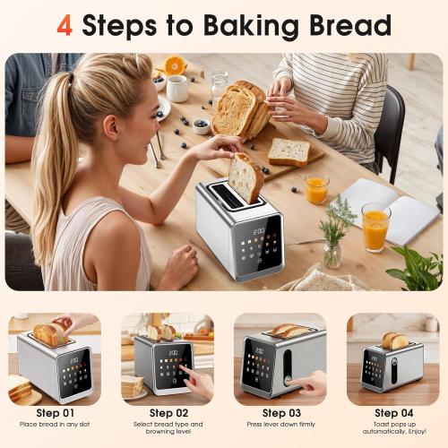Toaster 2 Slice with Smart Digital Touchscreen & 1-Touch Memory | Stainless Steel 1.5 Extra-Wide Slots for Bagels & Artisan Bread | 900W for Fast, Even Toasting | Defrost, Reheat, Single-Slice Mode