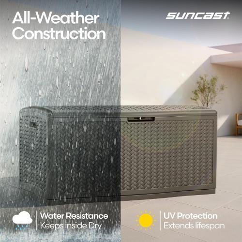 Suncast Extra Large Deck Box - 124 Gallon Resin Outdoor Storage Box with Lockable Lid for Outdoor Cushion Storage, & Garden Gear, Stoney Grey Wicker Bin for Patio, Porch, Pool, & Yard