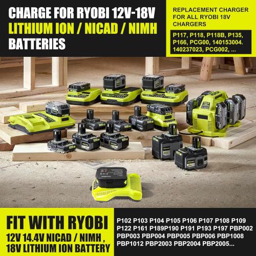 【Upgrade】 Charger Replacement for Ryobi 18V Charger P117 Compatible with Ryobi 12V-18V One  Lithium NiCad NiMh Battery P102 P108 P189 P197 P103 P105 P107 P190 P191 PBP002 12-18V Ryo Battery Charger
