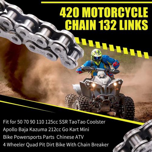 420 Motorcycle Chain 132 Links fit for 50 70 90 110 125cc SSR TaoTao Coolster Apollo Baja 212cc Go Kart Mini Bike Powersports Parts Chinese ATV 4 Wheeler Quad Pit Dirt Bike with Chain Breaker