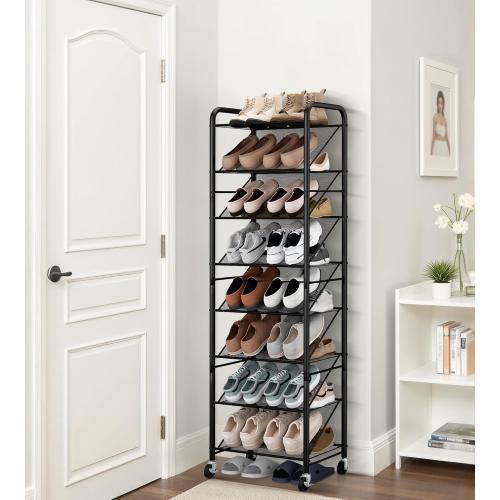 STO STO 8-Tier Narrow Shoe Rack with Lockable Wheels, Double-Sided Vinyl Mesh Shelf Shoe Organizer for Up to 30 Pairs, Slim Space Saving Metal Rolling Shoe Storage for Entryway, Closet, Hallway