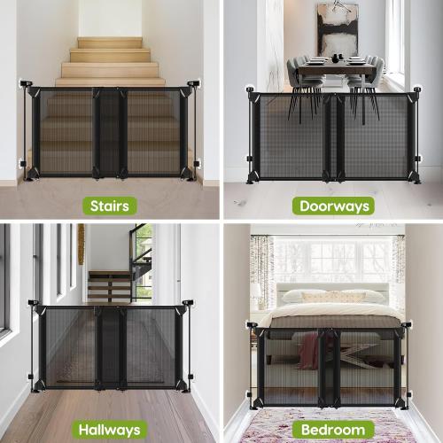 No Drill Baby Gate for Stairs No Bottom Bar, 34-55” Punch Free Dog Gate with Large Walk Thru Door, Mesh Dog Gate for The House, Swing & Dual Openings, No Drilling Pet Gates for Doorways, Black