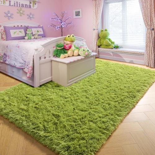 Grass Green Rugs for Bedroom, Fluffy Shag Area Rug 4x6 for Kids Room Living Room Baby Nursery Decor Aesthetic, Cute Furry Cool Shaggy Throw Bedside Fuzzy Plush Moss Carpet for Dorm Classroom Playroom