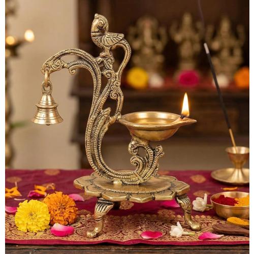 eSplanade - 8 - Peacock Diya with Bell - Lotus Shaped Round Brass Diya | Oil Lamp Deepam | Home Decor | Kuthu Vilakku | Oil Lamps for Home and Office