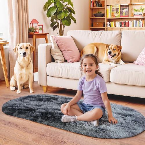 Fluffy Oval Rug for Bedroom 3.3'x6.2', Shag Area Rug for Bedside, Ultra Soft Cute Plush Carpet for Living Room Girls Boys Room Nursery Teens Dorm Home Decor, Blue Grey